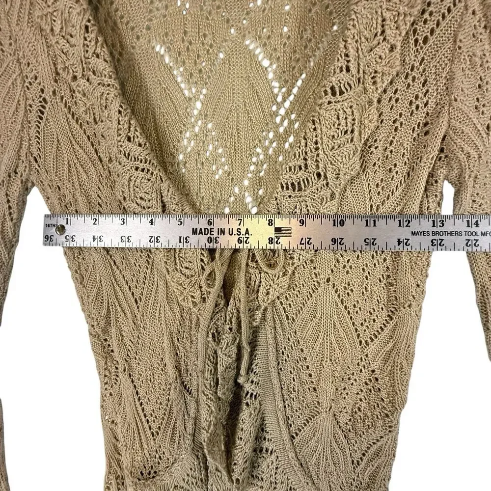 VTG Y2k Crochet Open Knit Tie Front Cardigan Wrapper SIZE MEDIUM Tan USA Ruffle - Picture 7 of 12